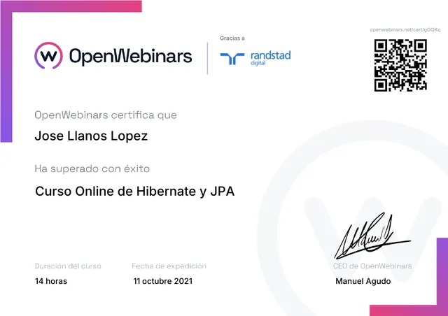 Certificado: Curso online de Hibernate y JPA — OpenWebinars