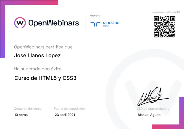 Certificado: Curso de HTML5 y CSS3 — OpenWebinars